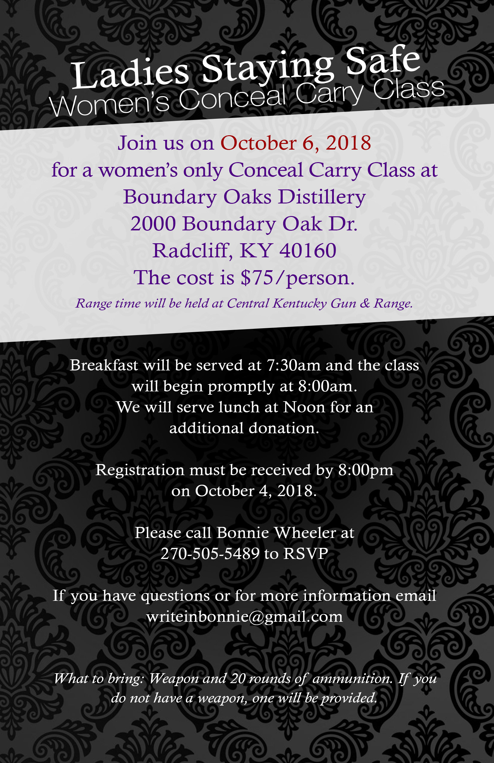 Printed flyer for a women's conceal carry class. Background created in Photoshop, layout completed in InDesign.