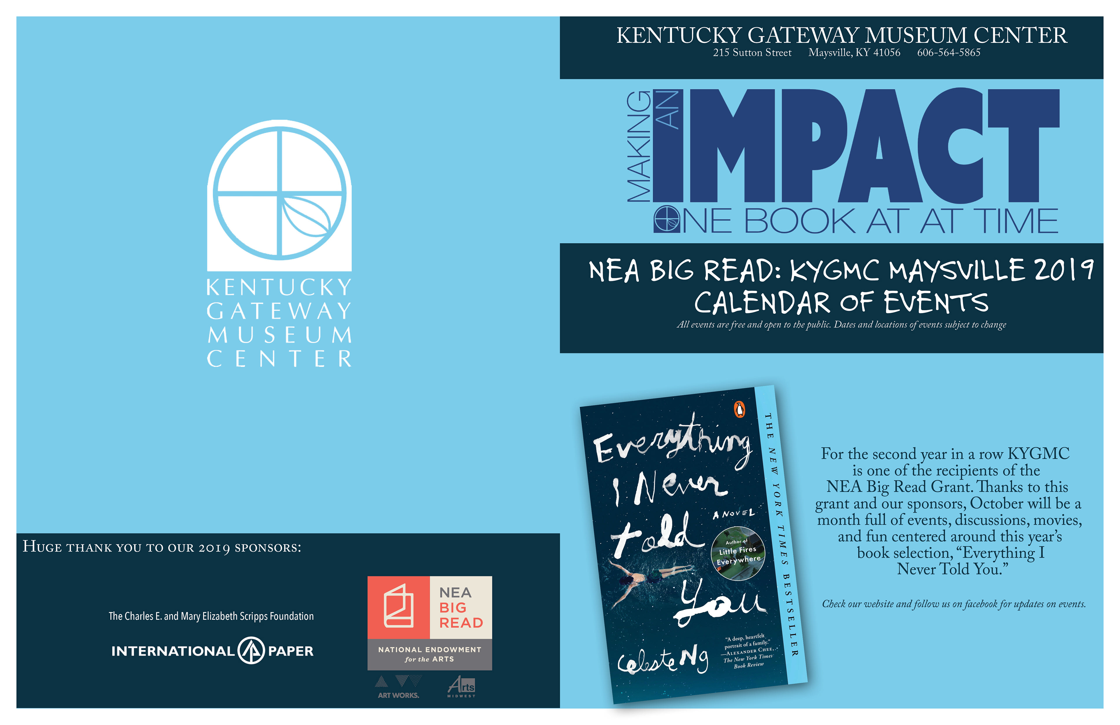 Booklet Spread. Finished size 11" x 17" seen here as flat spread. Left: Back of booklet, Right: Cover. Photo of book and logos edited and sized in Adobe Photoshop, Layout completed in InDesign. All work including IMPACT logo by Amanda Hankinson.