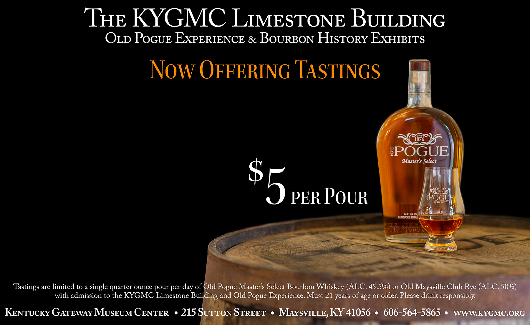 Online ad for the Old Pogue Experience Tastings. Photography, design, and copy by Amanda Hankinson using Photoshop.