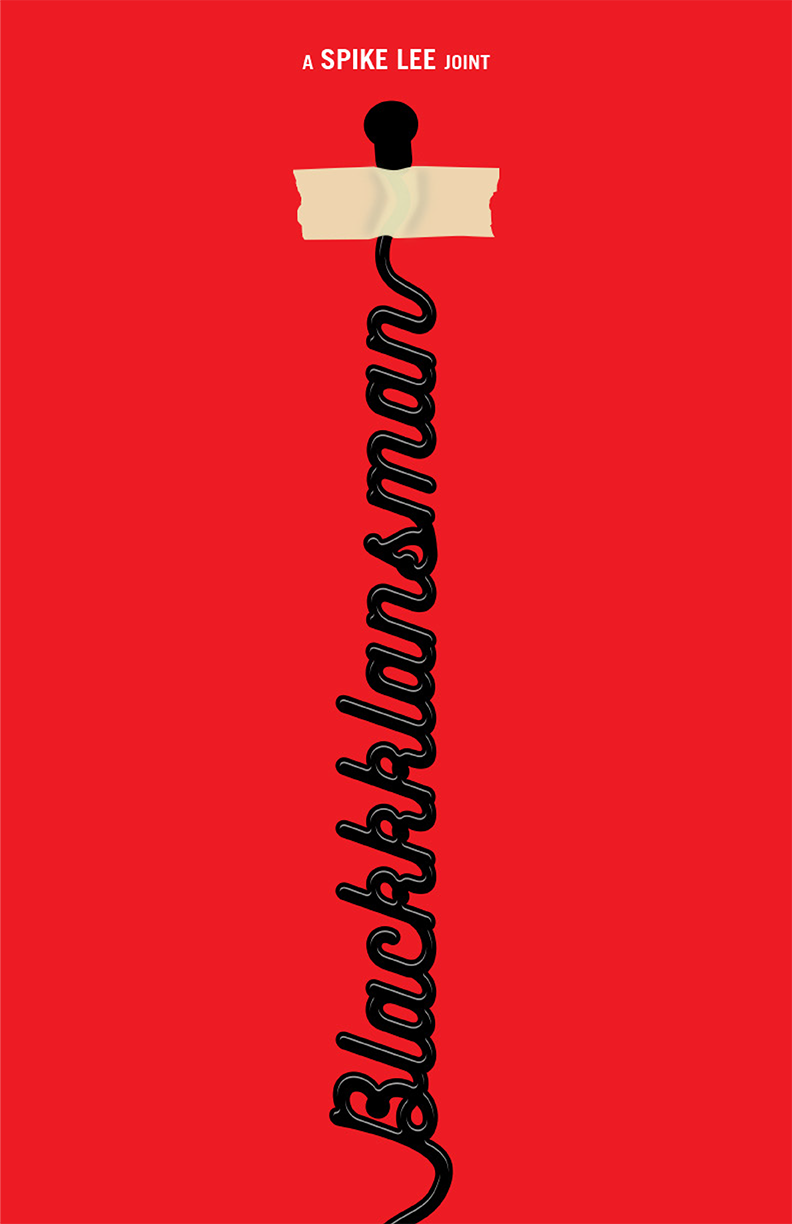 Red poster with taped microphone wire spelling: "Blackkklansman"