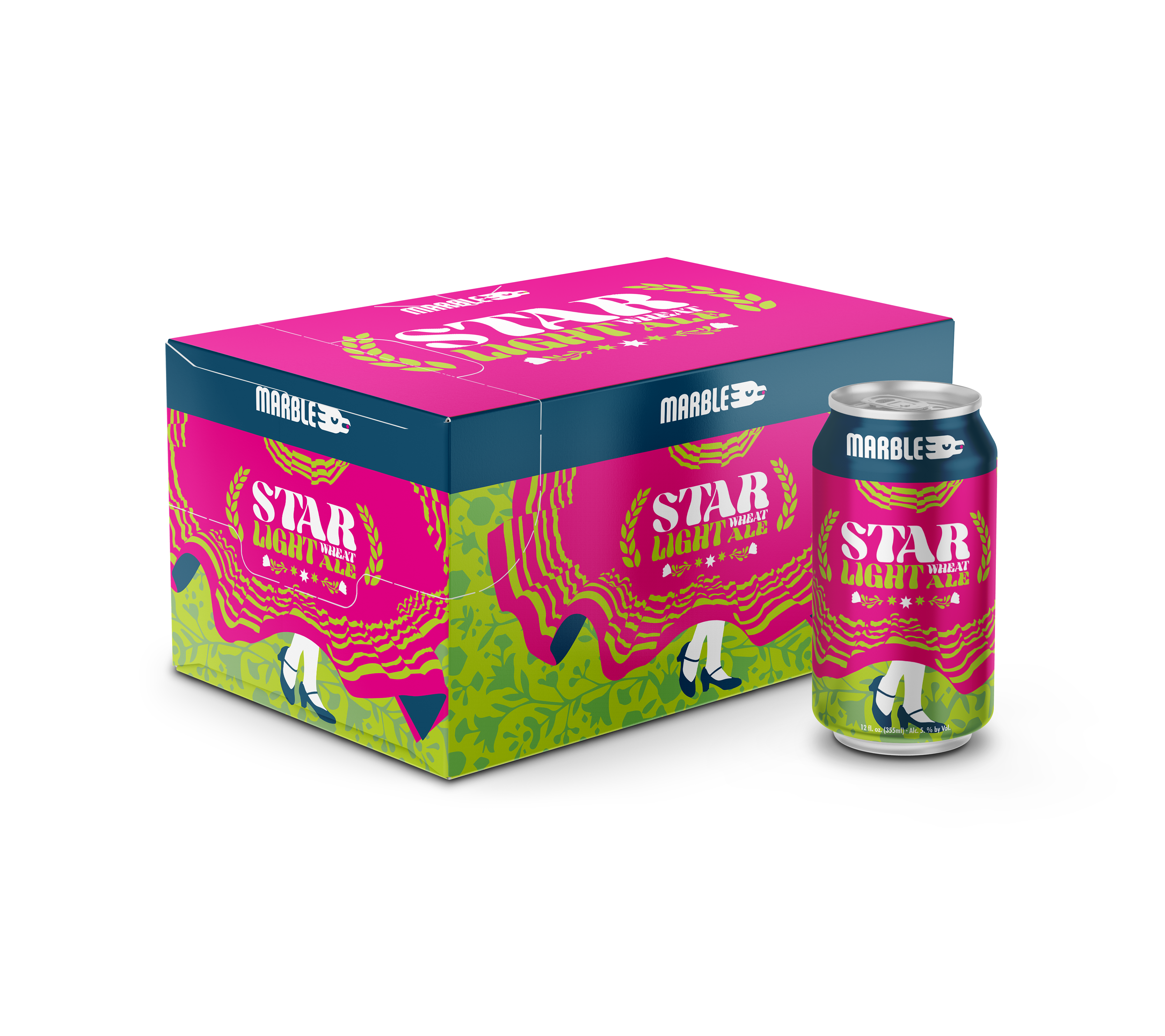 Pink and green beer can and box with folklorico dancer illustration