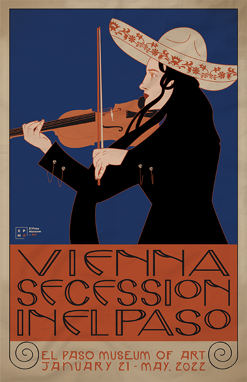 Dark blue and orange poster with female mariachi violinist