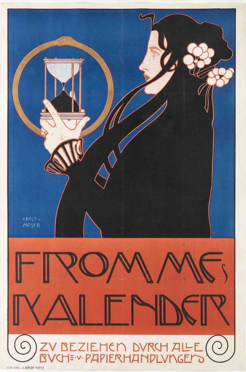 Dark blue and orange poster with woman holding hour glass