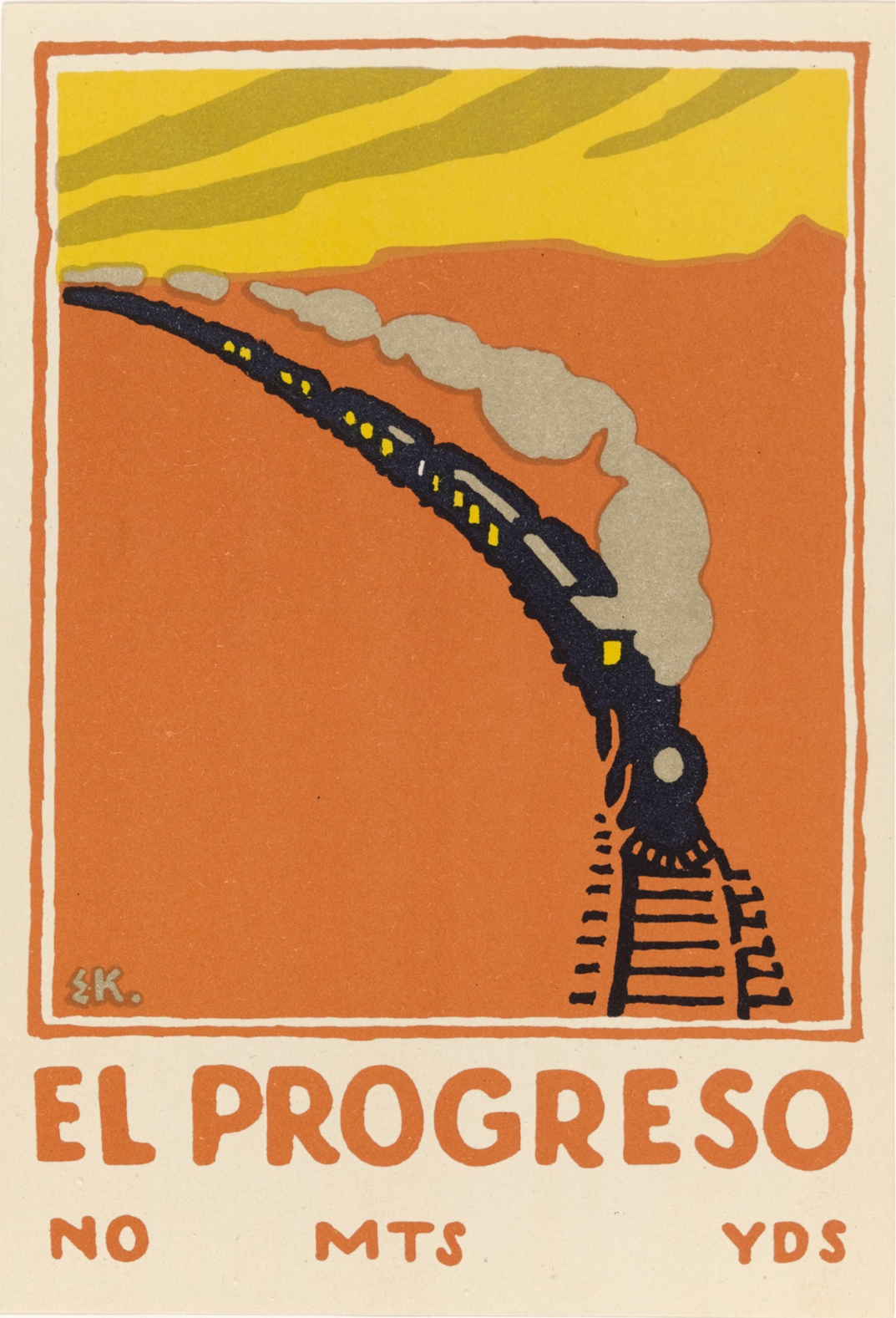 Orange and yellow poster with black train and railroad tracks