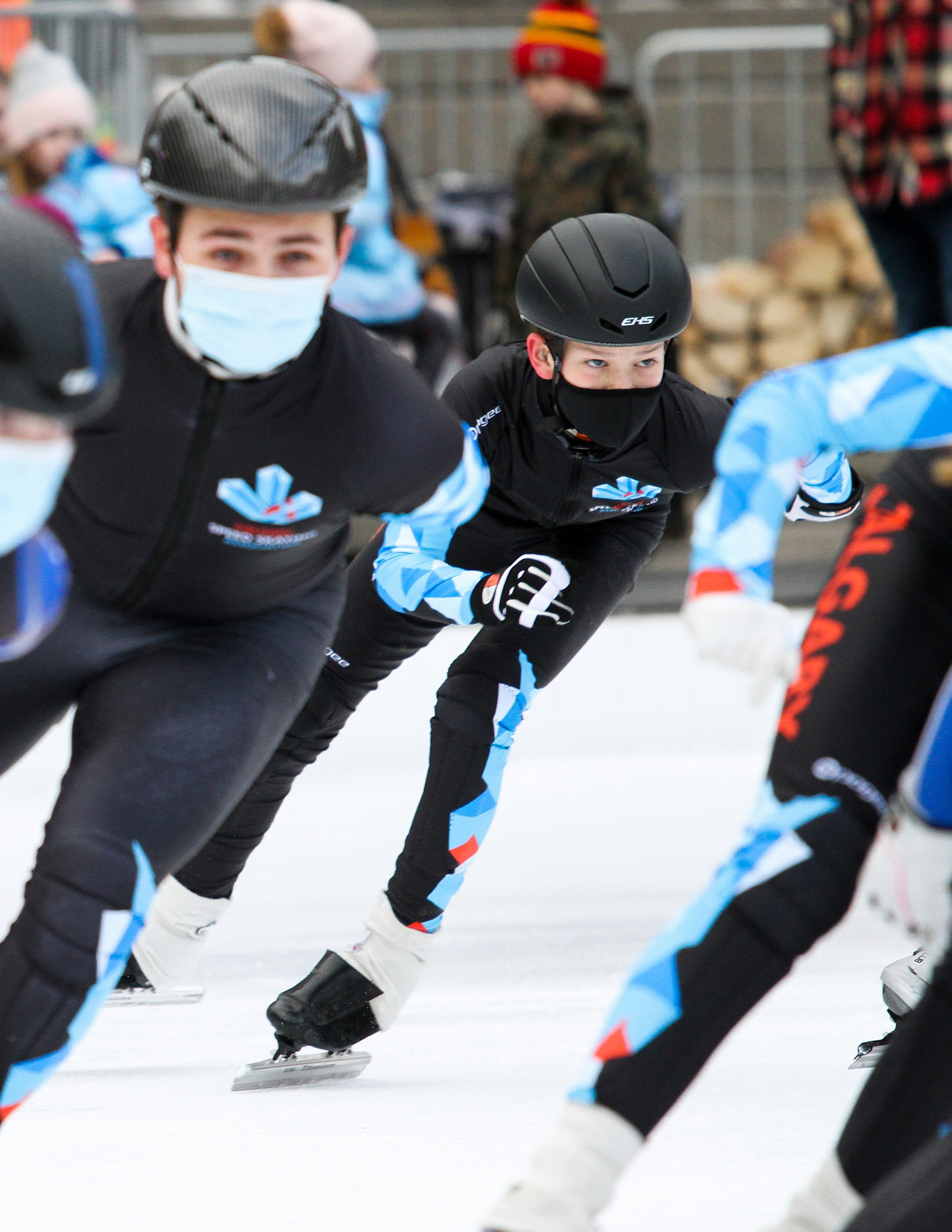 Members of Calgary Speed Skating ran speed skating drills at Chinook Blast at Olympic Plaza in Calgary on Saturday, Feb. 5, 2022. Chinook Blast is an outdoor winter festival that takes place throughout downtown Calgary from February 4- 27, 2022.