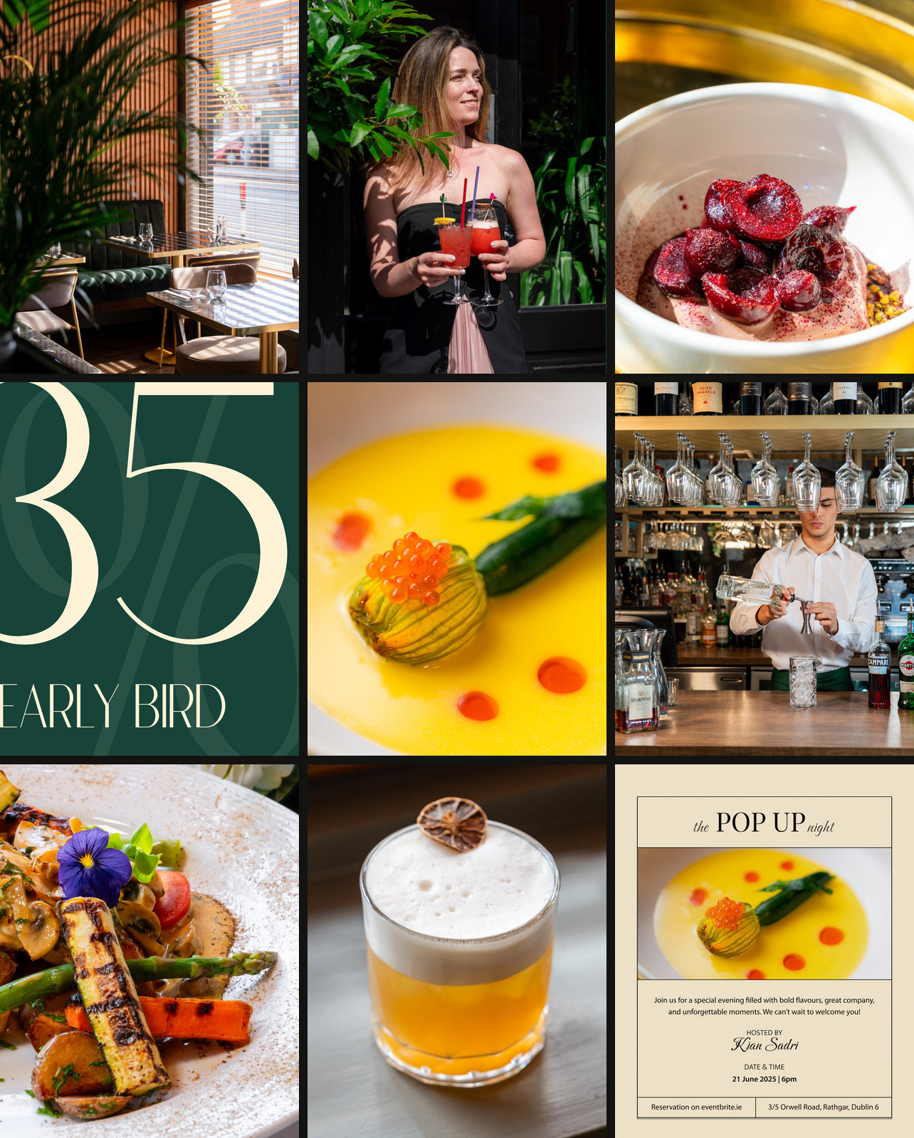 Nine Piano Piano Instagram posts combining restaurant photography, people, dishes and green-and-cream promotional graphics.
