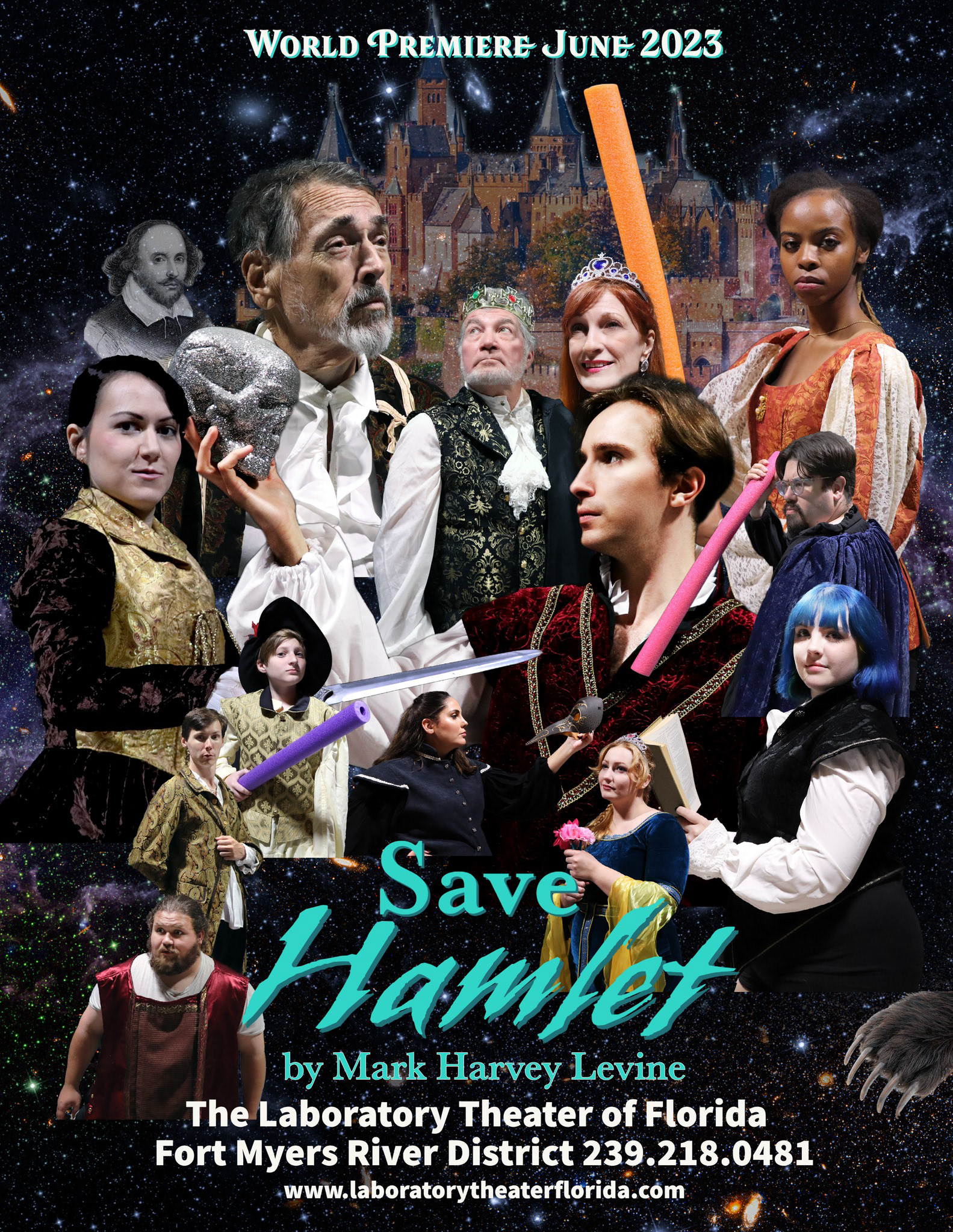 A picture of the cast of Save Hamlet in a vintage Star Wars post, using pool noodles instead of swords.