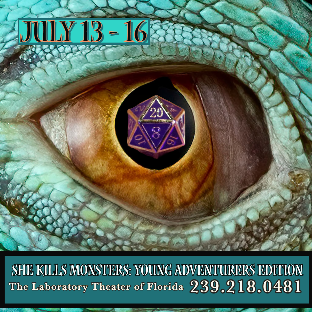 Graphic design for She Kills Monsters Young Adventurers Edition featuring a dragon's eye, 20-sided die, logo, and dates