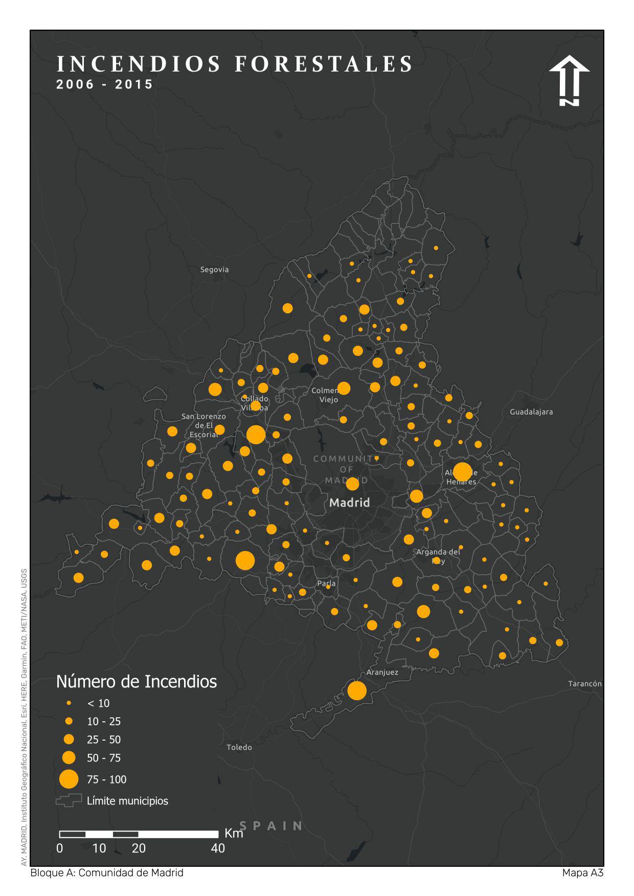 This map shows the sum of all forest fires in the Community of Madrid by municipality between the years of 2006 and 2015. Several similar maps have been published with this data, but with coropleth symbology. However, they use absolute values, which impedes the correct reading of a coropleth. Due to these limitations, I believed that graduated symbols would serve better.