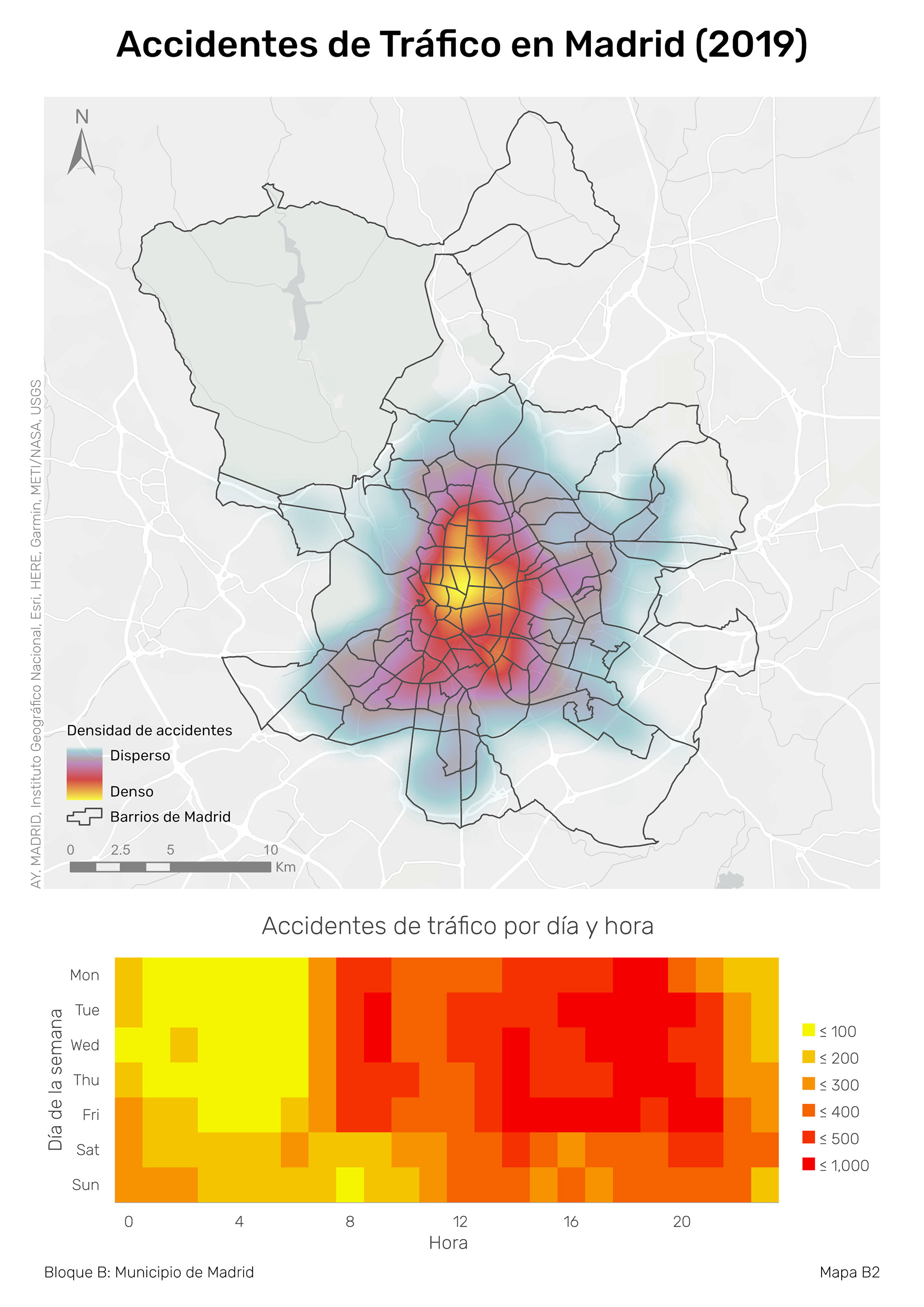 Through a density visualization, this map shows where the highest frecuencies of traffic accidents occur. A calendar heat chart complements the map to show the daily and hourly distribution of accidents.