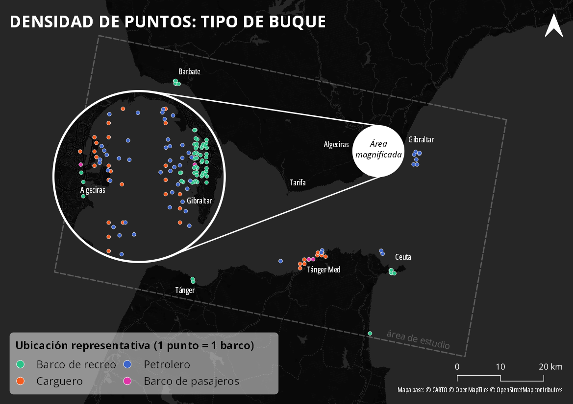 Vessel Class Dot Density: uses representative locations to portray a "snapshot" of the types of boats expected to be seen in the Strait on an average day.