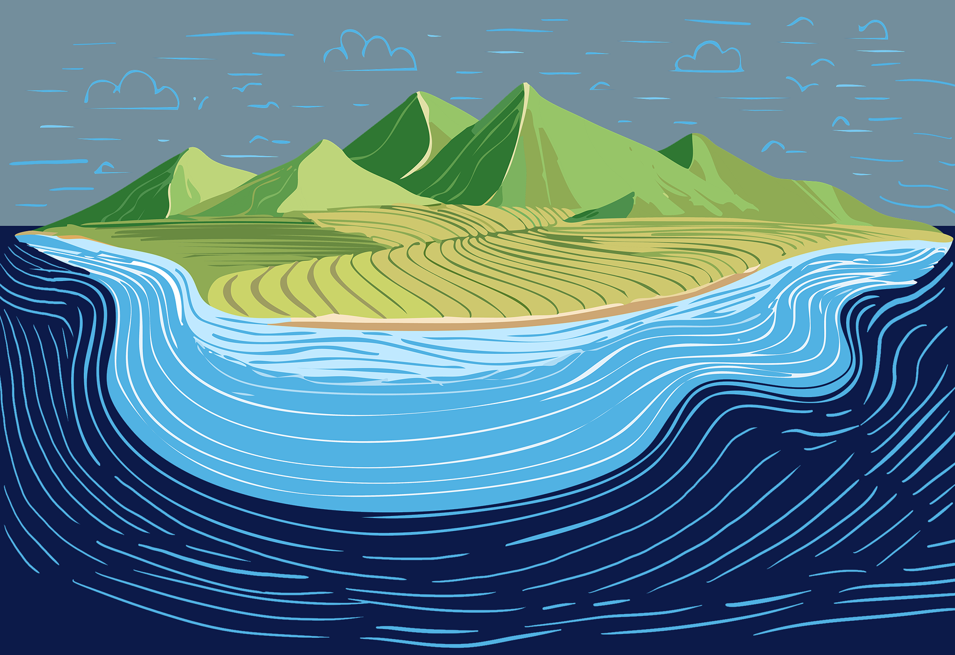 l'île - Illustrator - dessin à la main, outil remplissage de forme - 2024