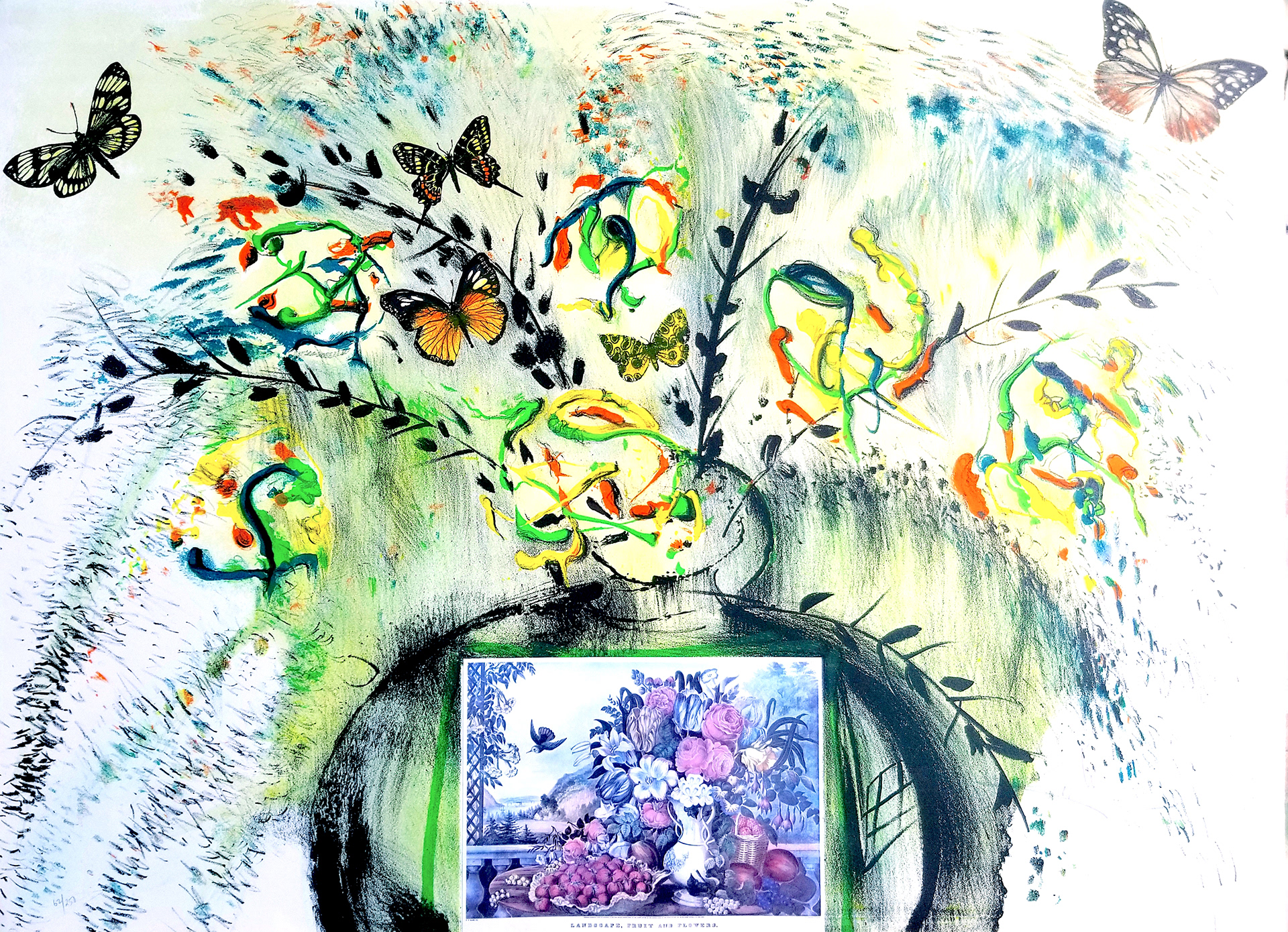 “Les Fleurs et Fruits (Flowers & Fruits): From the Currier & Ives Suite” Lithograph in Colors with Collage, c.1971, Edition: 250, Hand Signed in Pencil LR, Image: 22 x 30”, Reference: Field 164, Please Inquire