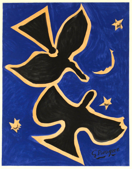 “Deux Oiseaux sur Fond Bleu - Le Plafond Braque”, Lithograph in Colors on Arches Paper, c.1960-61, Edition: 200, Hand Signed in Pencil LR, Image: 20.75 x 16.25”, Please Inquire