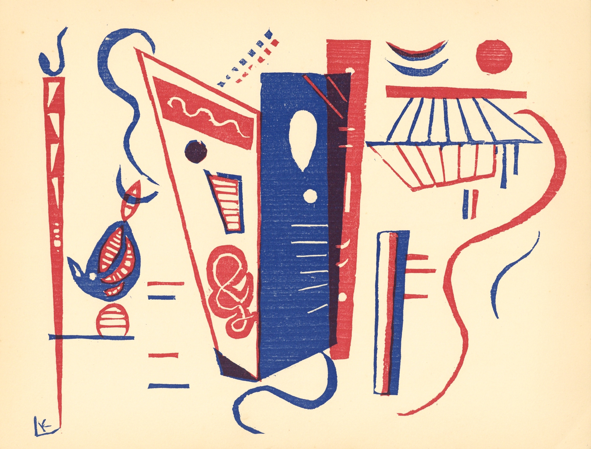 “Composition in Red & Blue” Woodcut in Colors, c.1939, Edition:2000, Signed in Plate, Size: 9.5 x 12.5”, Reference: Roethel 201, Please Inquire