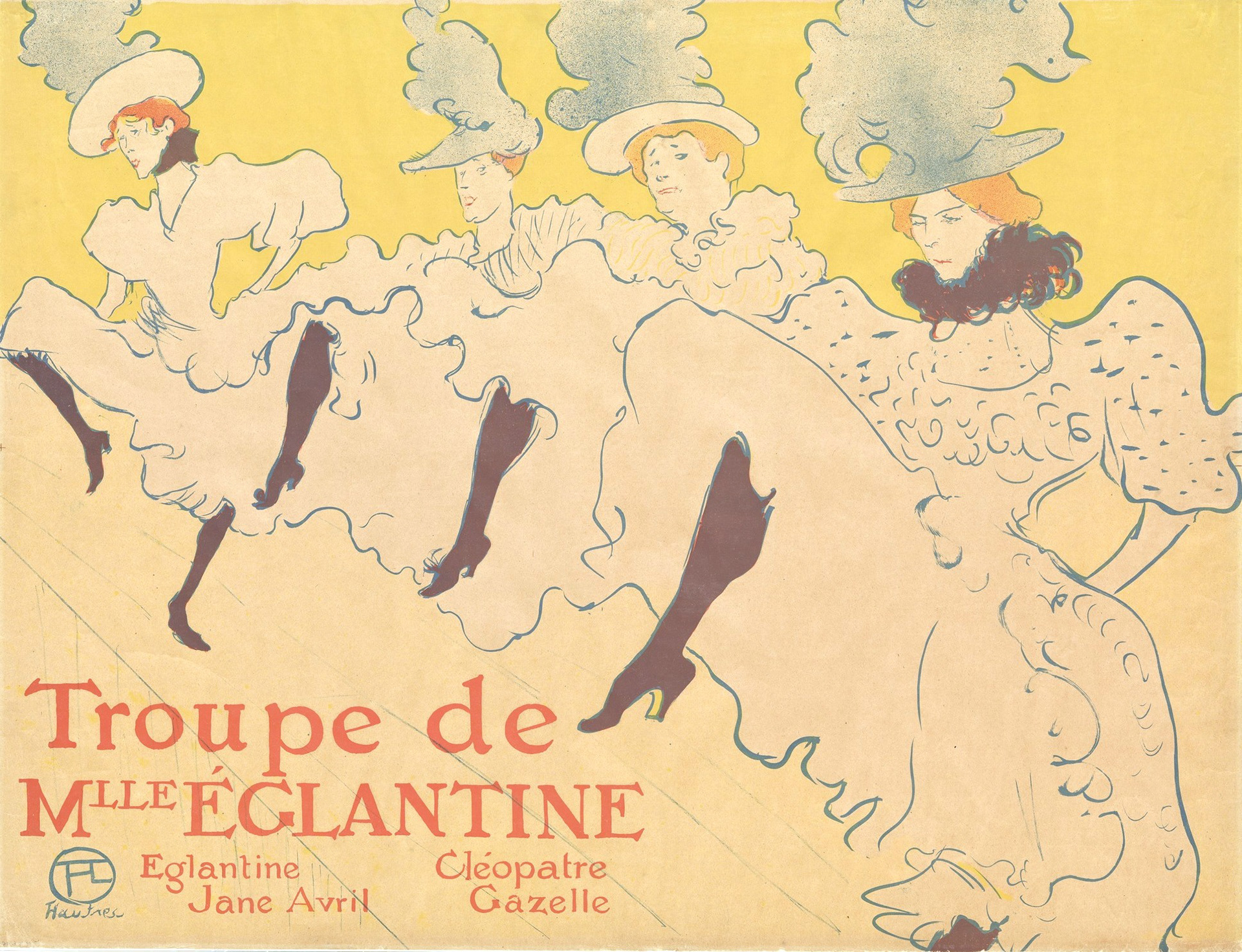 “Troupe de Mademoiselle Eglantine (Elegantine, Jane Avril, Cleopatre & Gazelle)” Lithographic Poster in Colors, c.1896, Edition:100, Signed in Plate LL, Image: 31.5 x 24”, Please Inquire