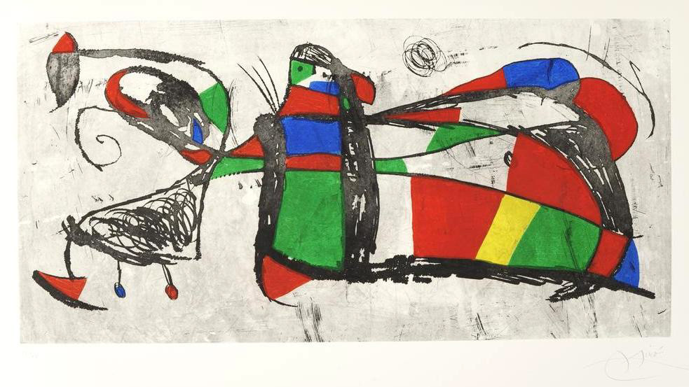 “Tres Miro” Etching Aquatint in Colors, c.1978, Edition:99, Hand Signed in Pencil LR, Image: 28.75 x 42.25”, Ref: Dupin 1034, Please Inquire