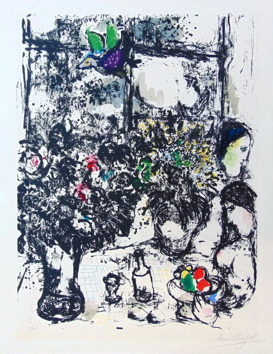“Couple with Bouquet & Still Life” Lithograph in Colors, c.1960, Edition:75, Hand Signed in Pencil & Plate LR, Image:19.5 x 25.5" , Reference: Mourlot 299, Please Inquire
