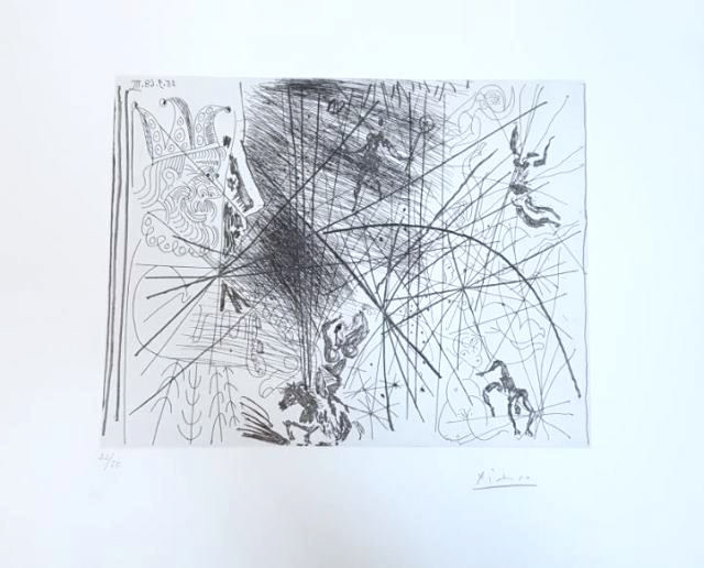 “Vieux Bouffon Contemplant des Acrobats (From the 347 Suite - Plate 355)” Etching, c.1968, Edition:22/50, Hand Signed in Pencil LR, Image: 8 x 10.25" , Reference: Bloch 1815, Please Inquire