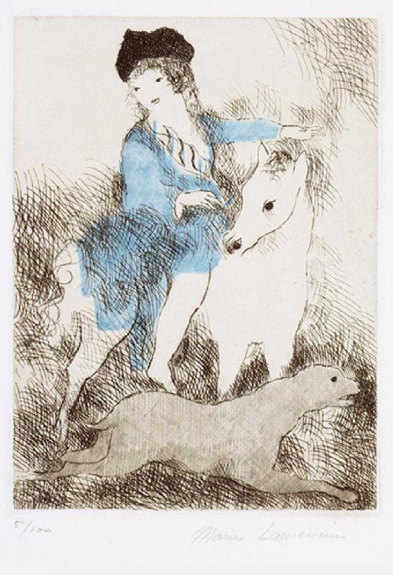 “The Promenade of the Horse” Etching in Colors with Blindstamp Jacquart Editeur Paris, c.1928, Edition:100, Hand Signed in Pencil LR, Image:7 x 9.5, Sheet:11.5x14.5”, Please Inquire