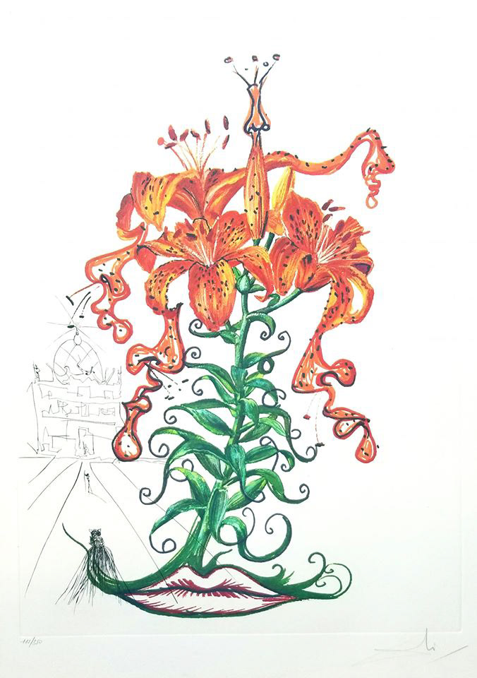 "Tiger Lilies of the Theater (Lilium Auranacacium et Labora Barocantia) : From The Surrealistic Flowers Suite” Lithograph & Etching in Colors, c.1972, Edition: 350, Hand Signed in Pencil LR, Image: 22.5x15.5”, Reference: Field 72-7F, Please Inquire
