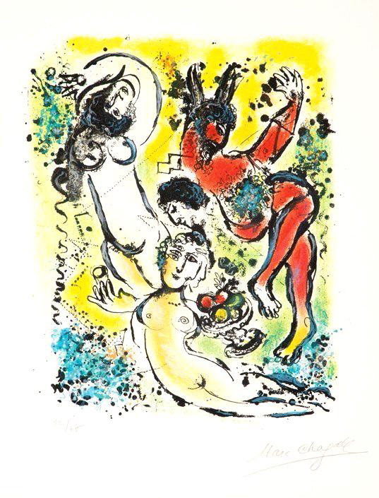“Take Back the Muses of the Countryside (From the Land of the Gods Suite)” Lithograph, c.1967, Edition:75, Hand Signed in Pencil LR, Image:14 x 17.5”, Reference: Mourlot 537, Please Inquire