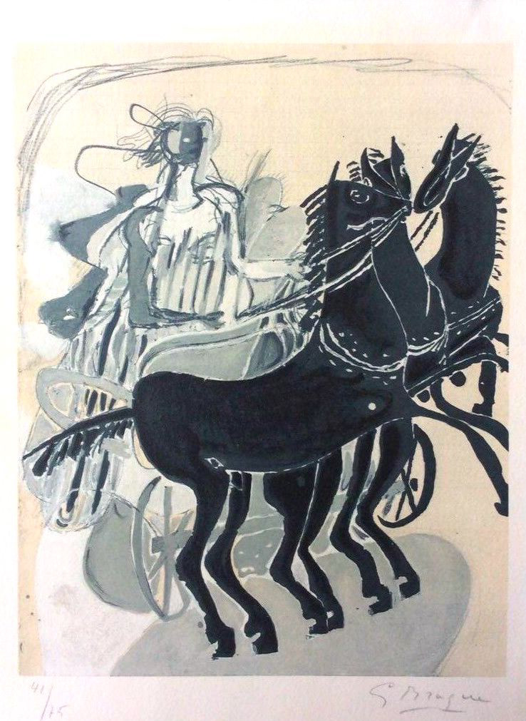 “Char aux Chevaux Noir (Chariot with Black Horses)” Lithograph in Colors (After), c.1955, Edition:75, Hand Signed in Pencil LR, 13.75 x 10.25", Please Inquire