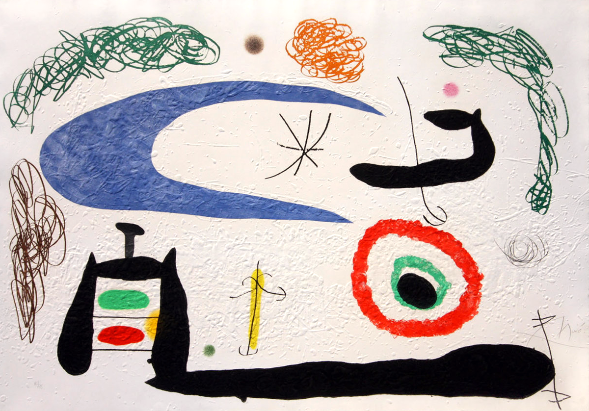 “Sleeping Under The Moon” Etching Aquatint in Colors with Carborundum, c.1969, Edition:75, Hand Signed in Pencil LR, Image: 28.25 x 40.25”, Ref: Dupin 495, Please Inquire