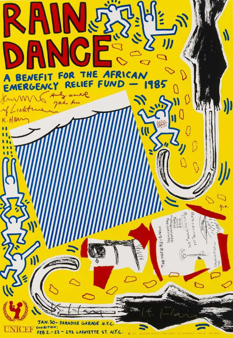 “Rain Dance - Poster (UNICEF Benefit)” Lithograph in Colors, c.1985, Edition:Limited, Plate Signed by Haring, Basquiat, Lichtenstein, Warhol & Yoko Ono, Image: 31 x 22”, Please Inquire