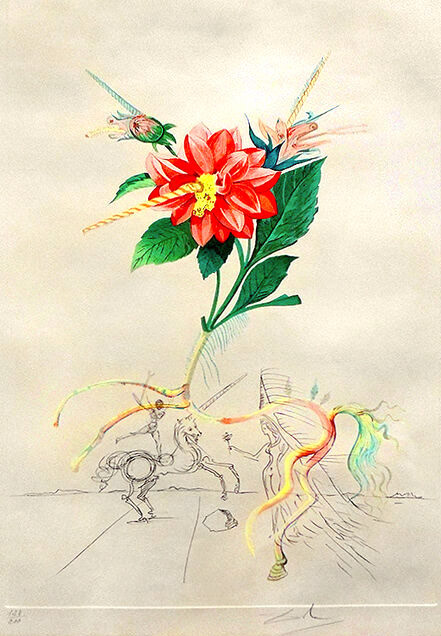 "Dahlia (Dahlia Unicornis) :From the FloralDali (Flora Dalinae) Suite" Color Etching with Pochoir, Hand Signed in Pencil LR, c.1968, Edition 162/200, Image:15x23", Please Inquire