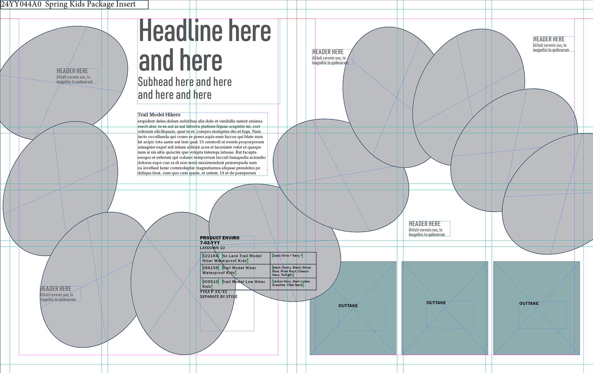 Earliest stage of the layout process - creating a playful layout for a kids shoe spread