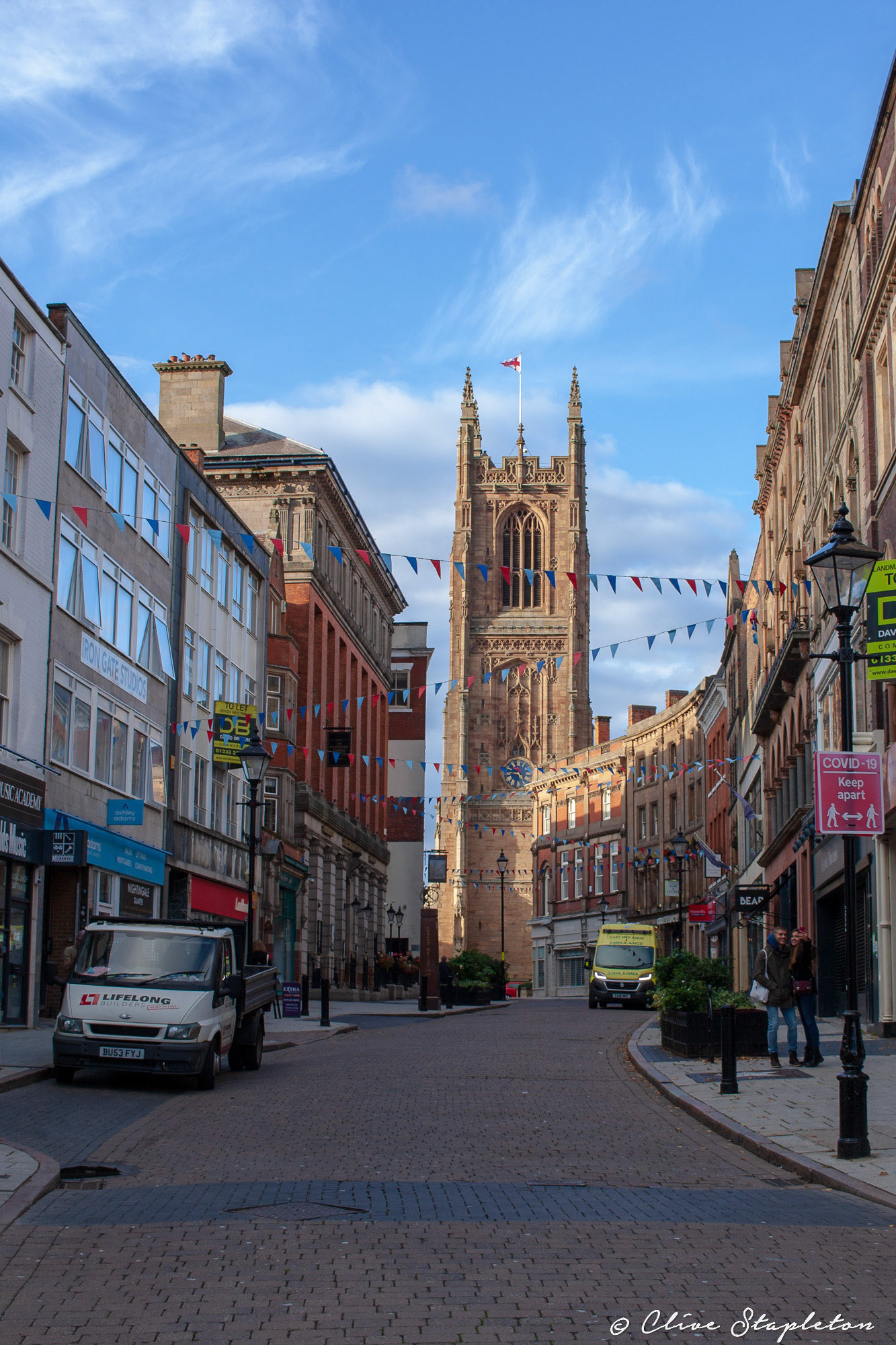 Derby Cathedral viewed looking up Irongate.