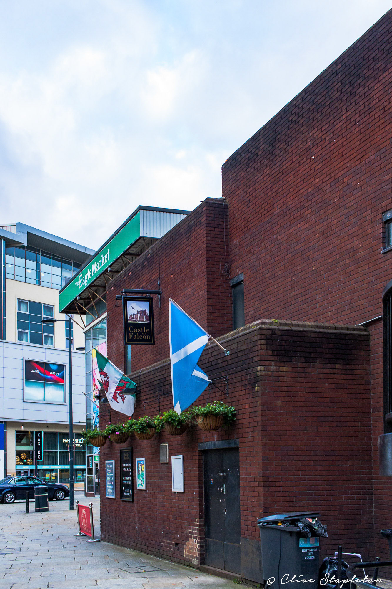 The Castle and Falcon Public House in Derby, United Kingdom. This city center public house is next to the Eagle Center covered market hall.