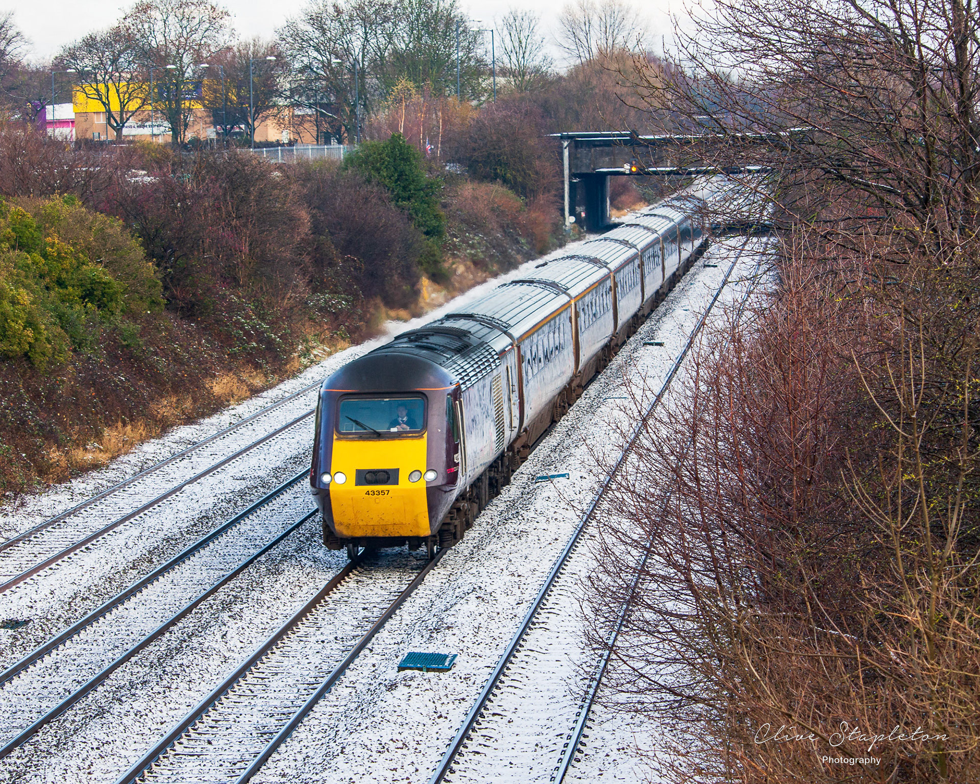 Cross Country HST Powered by 43357 and 43384 on the 1V54 Edinburgh to Bristol Temple Meads at a snowy Sunnyhill on 29 Dec 20.