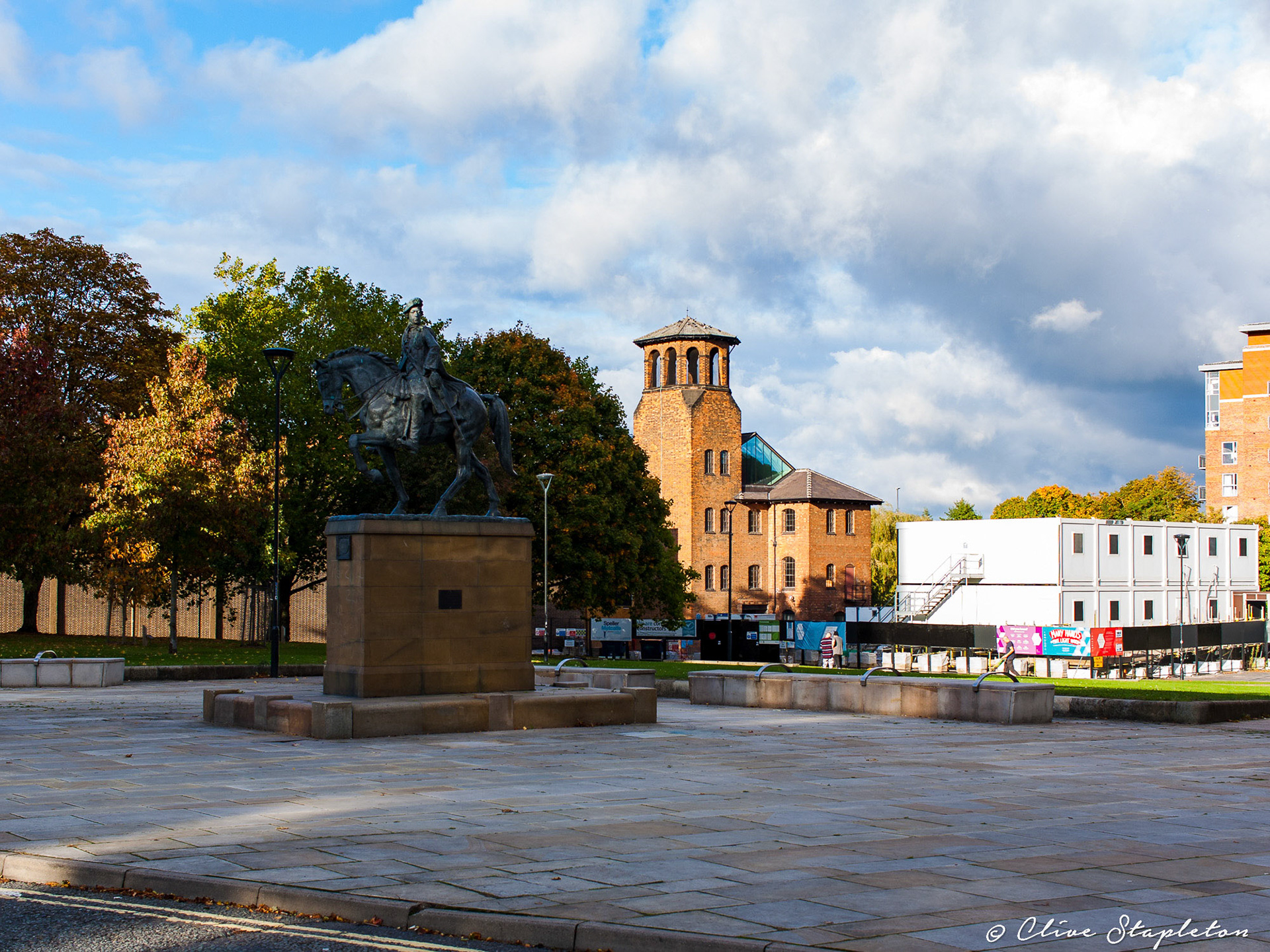 Derby A view of the Statue of Bonnie Prince Charlie with the Historic Silk Mill Building in the Background