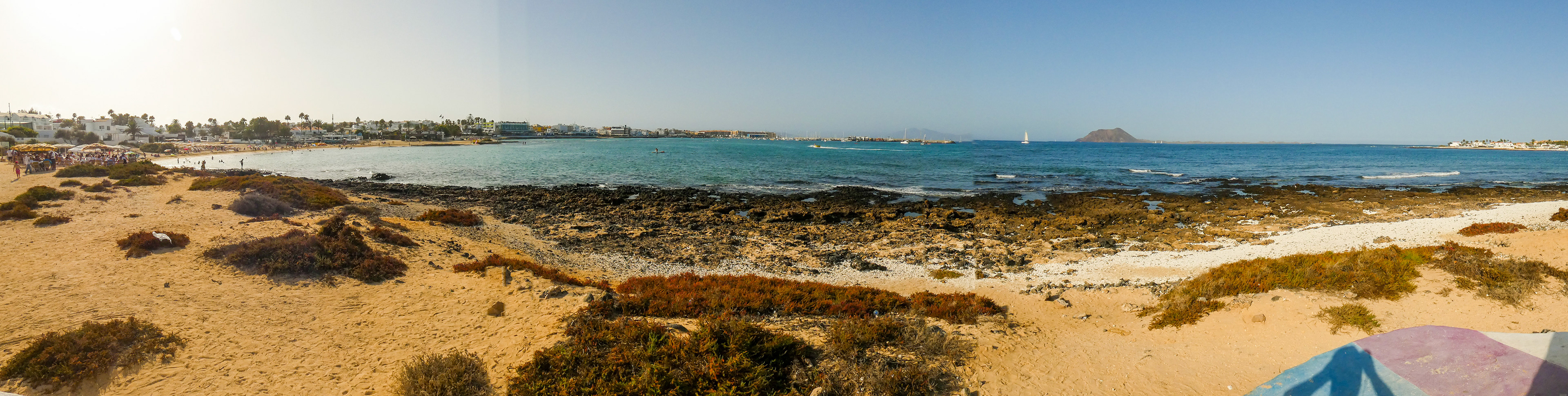 Corralejo, Furteventura, Spain August 19,2019:A panoramic shot of Corralejo bay