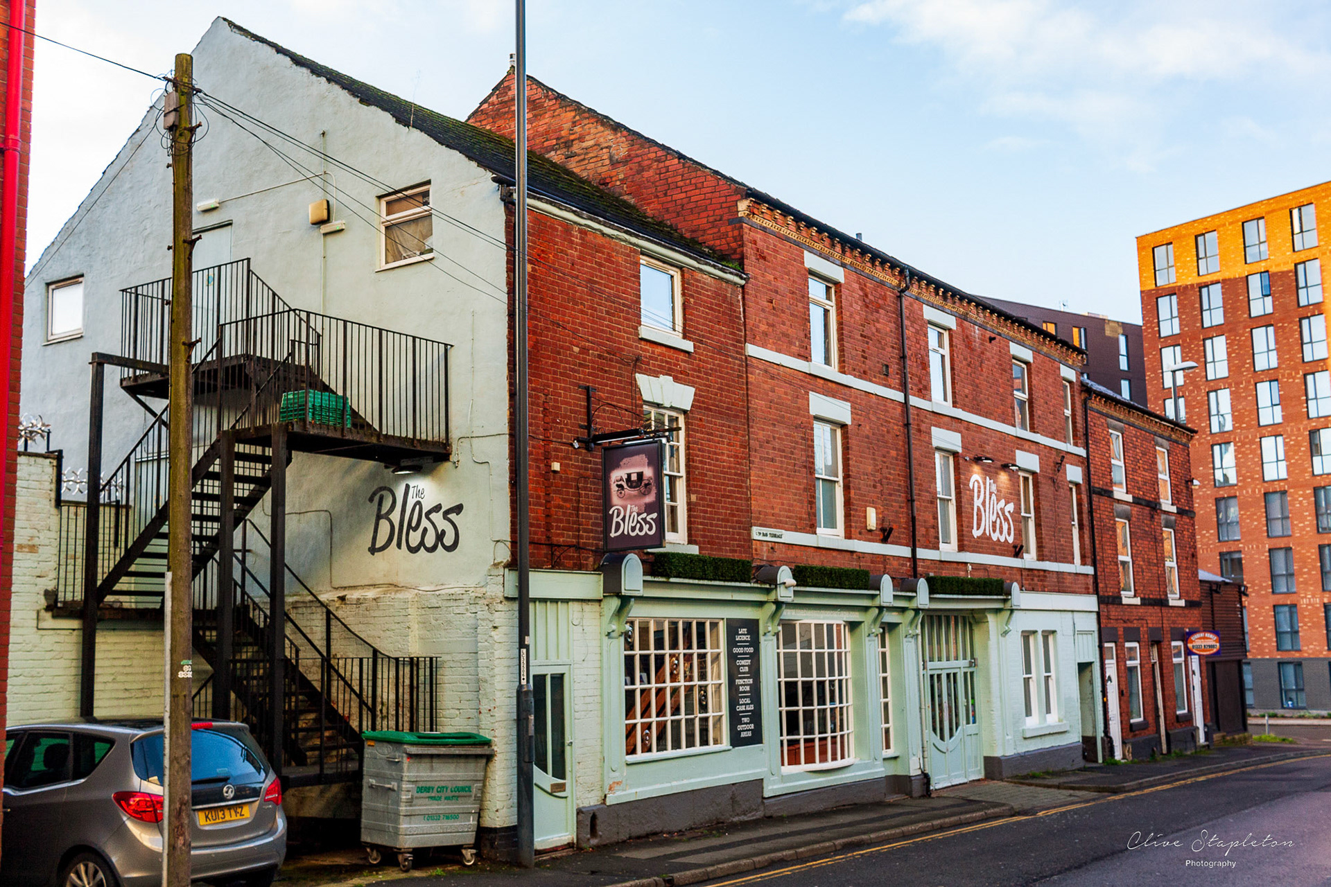 The Bless Public House. Formerly known as the Blessington Carriage was covered from 2 terreced houses  in the Derby Cathedral Quarter