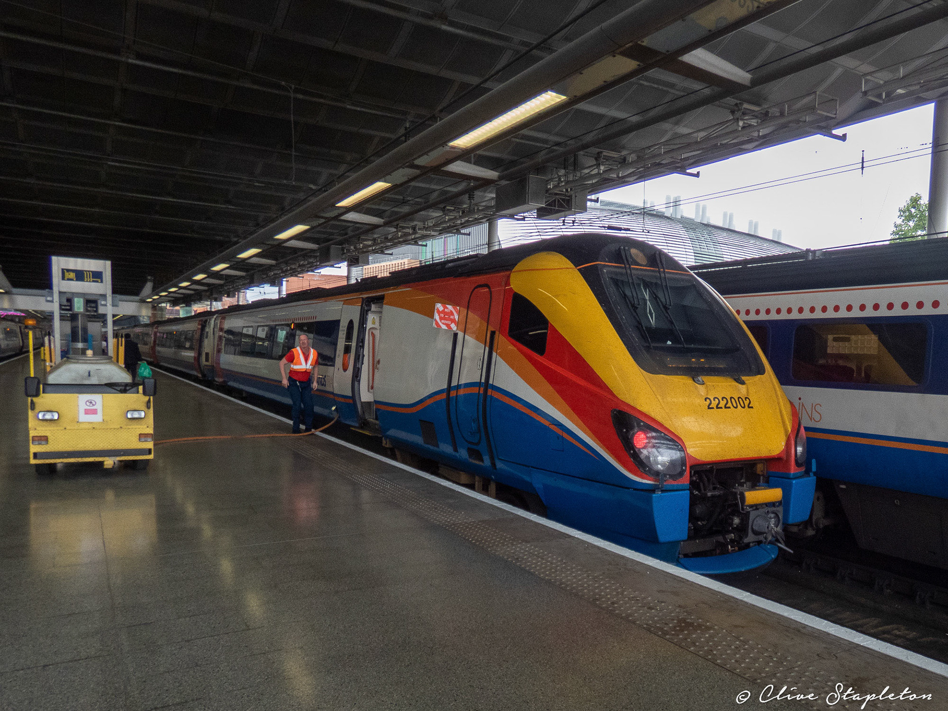 A class 222 at London St Pancras having arrived from Sheffield. 1st August 2019