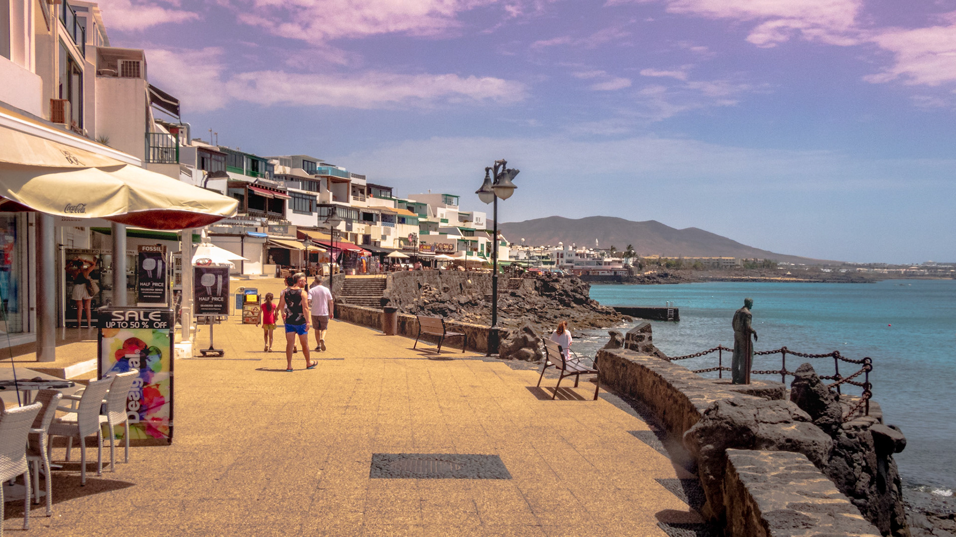 Playa Blanca Lanzarote, A view of the promenade with sea front shops and resturants