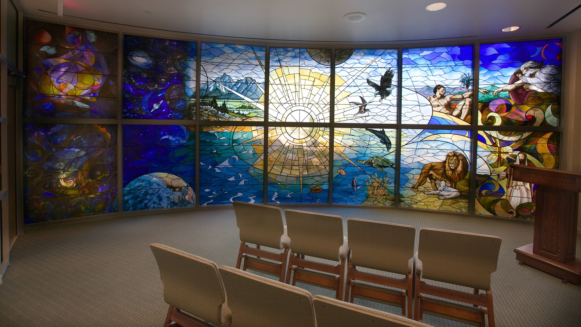 stained glass window Stanton Glass Studio installed in Hillcrest Baptist Medical Center Chapel.