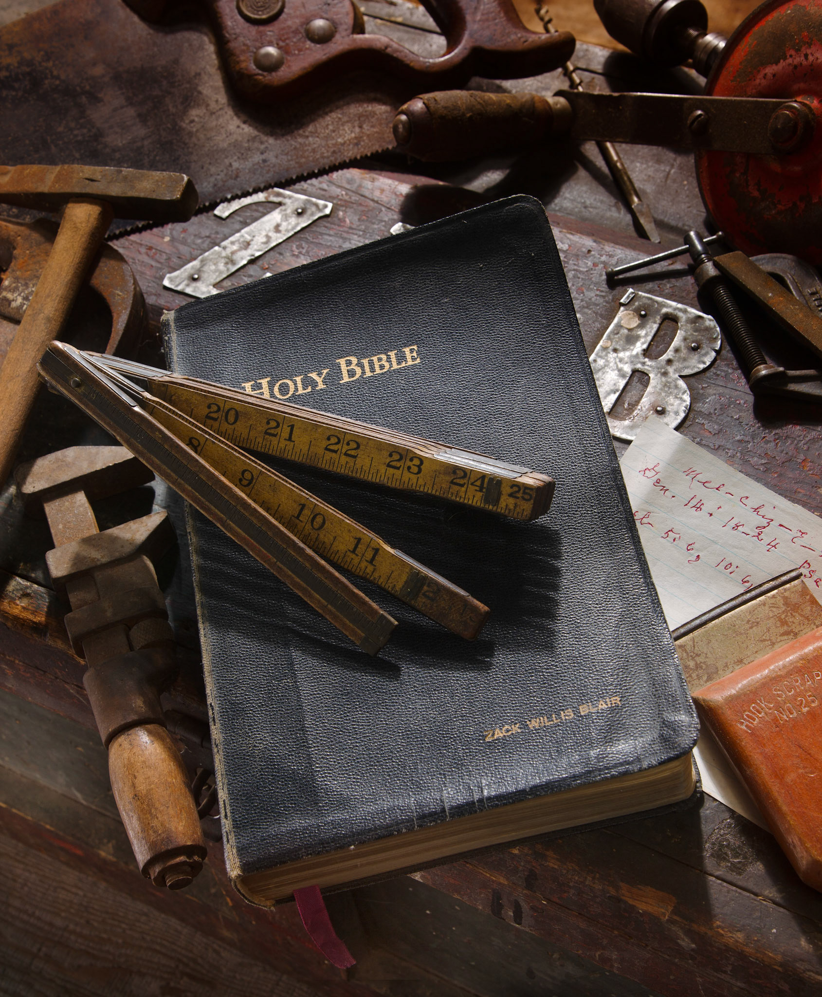 Tools and Bible belonging to Zach Blair (aka Grandaddy)