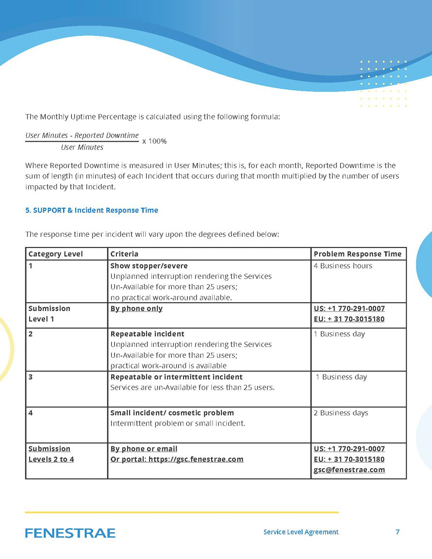 Fenestrae Service Level Agreement document