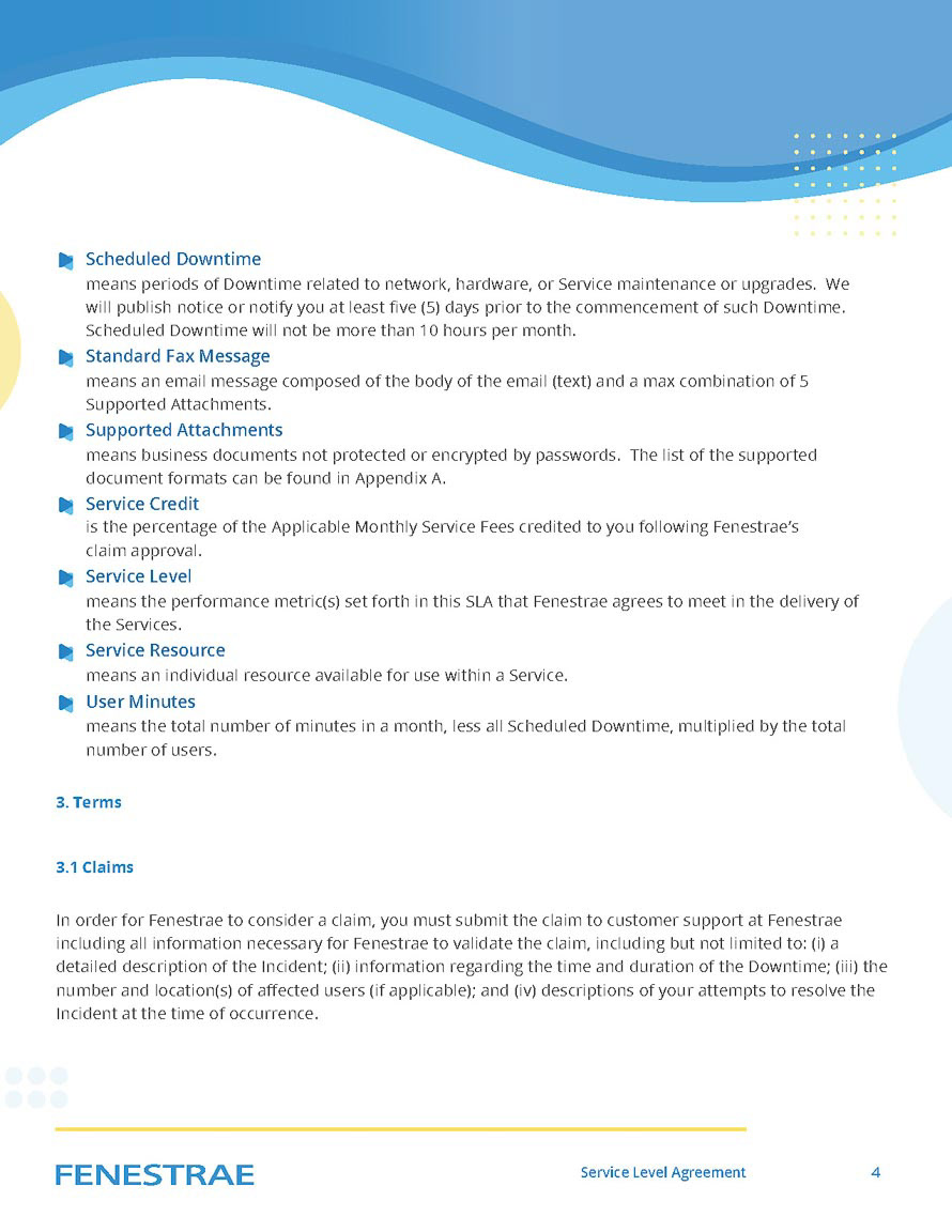 Fenestrae Service Level Agreement document