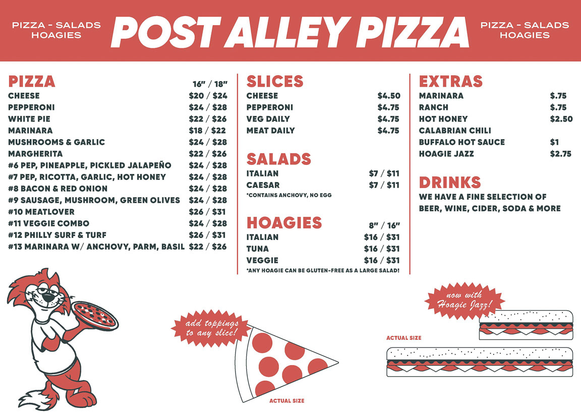 menu board with life-size illustrations of pizza slice and sub sandwiches