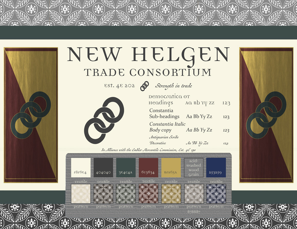 brand style guide for New Helgen Trade Consortium showing banners, logo, secondary mark, brand colors, and typefaces