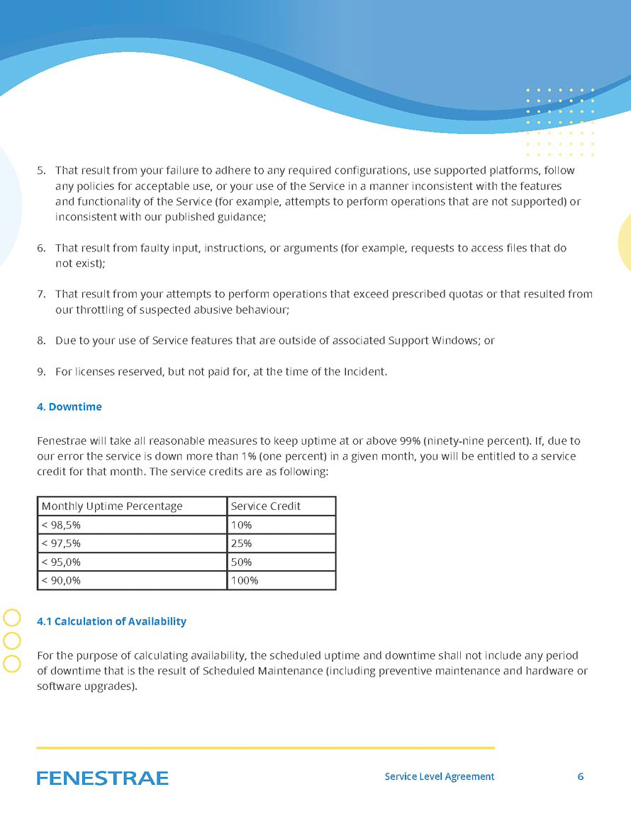Fenestrae Service Level Agreement document