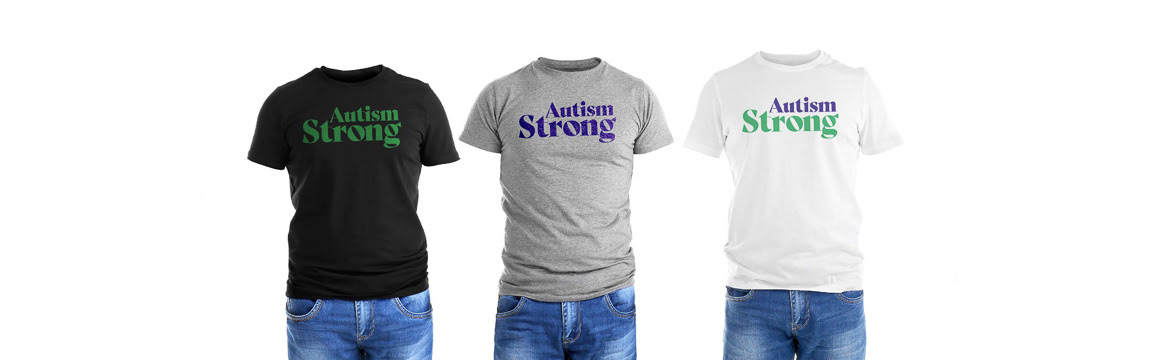 T-shirt mockups for Autism Strong type design variations in green and purple