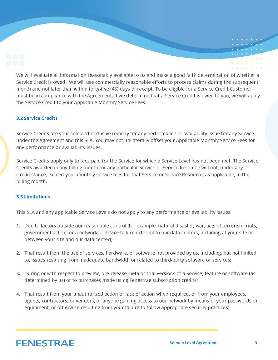 Fenestrae Service Level Agreement document