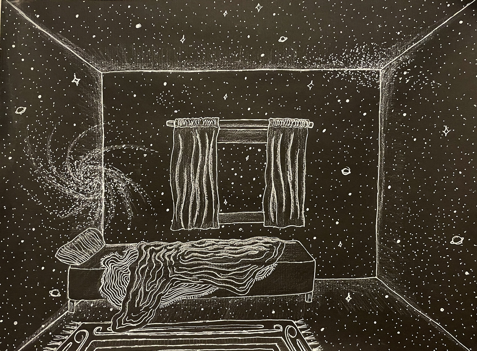 White ink gel pen on black paper.