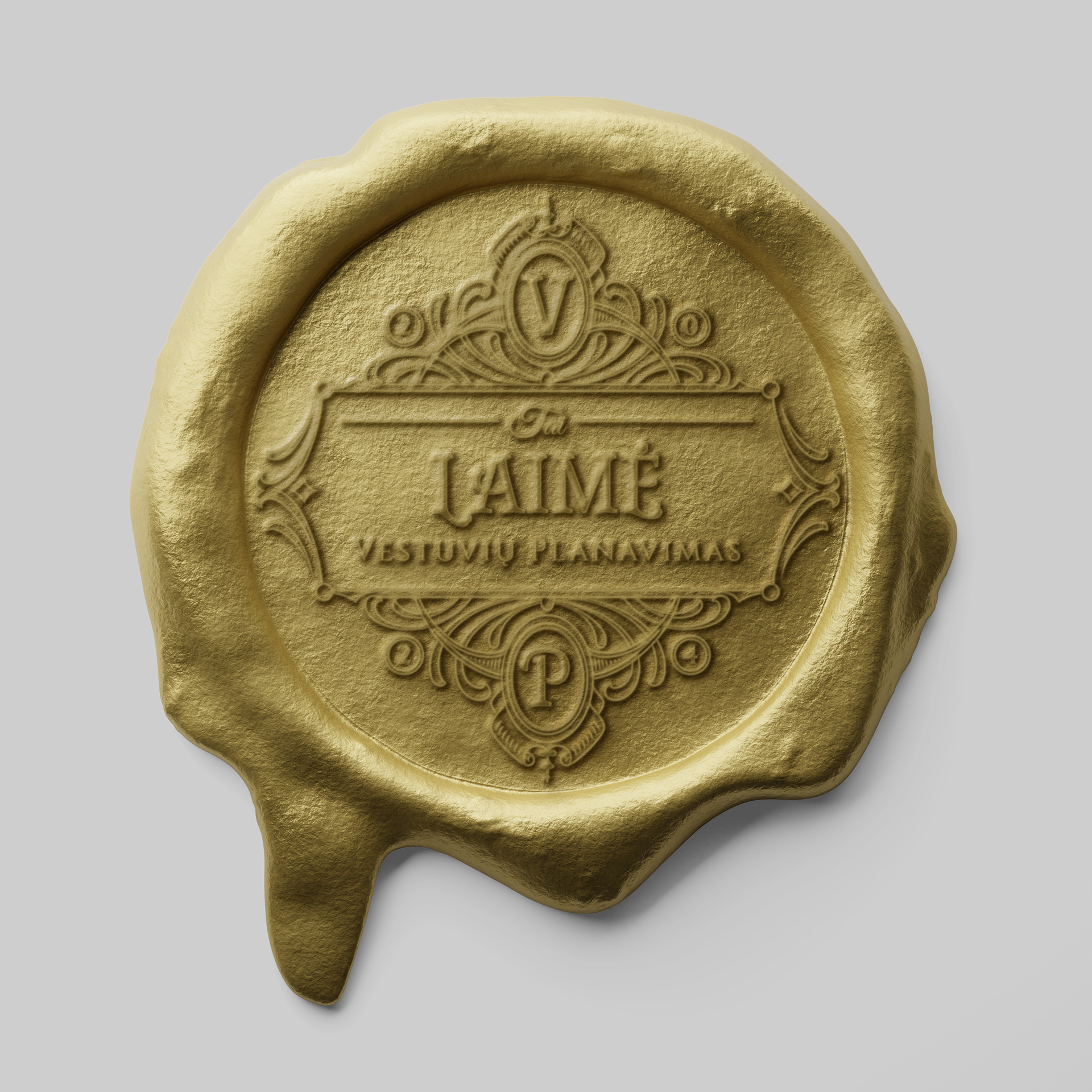 Prabangus vaško antspaudas su vestuvių rengimo brando logotipu, simbolizuojantis kokybę ir eleganciją.